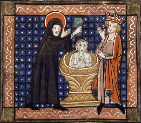 Baptême de Sigebert III d'Austrasie - Jacobus De Voragine - enluminé par Richard De Montbaston, legenda aurea - 1348